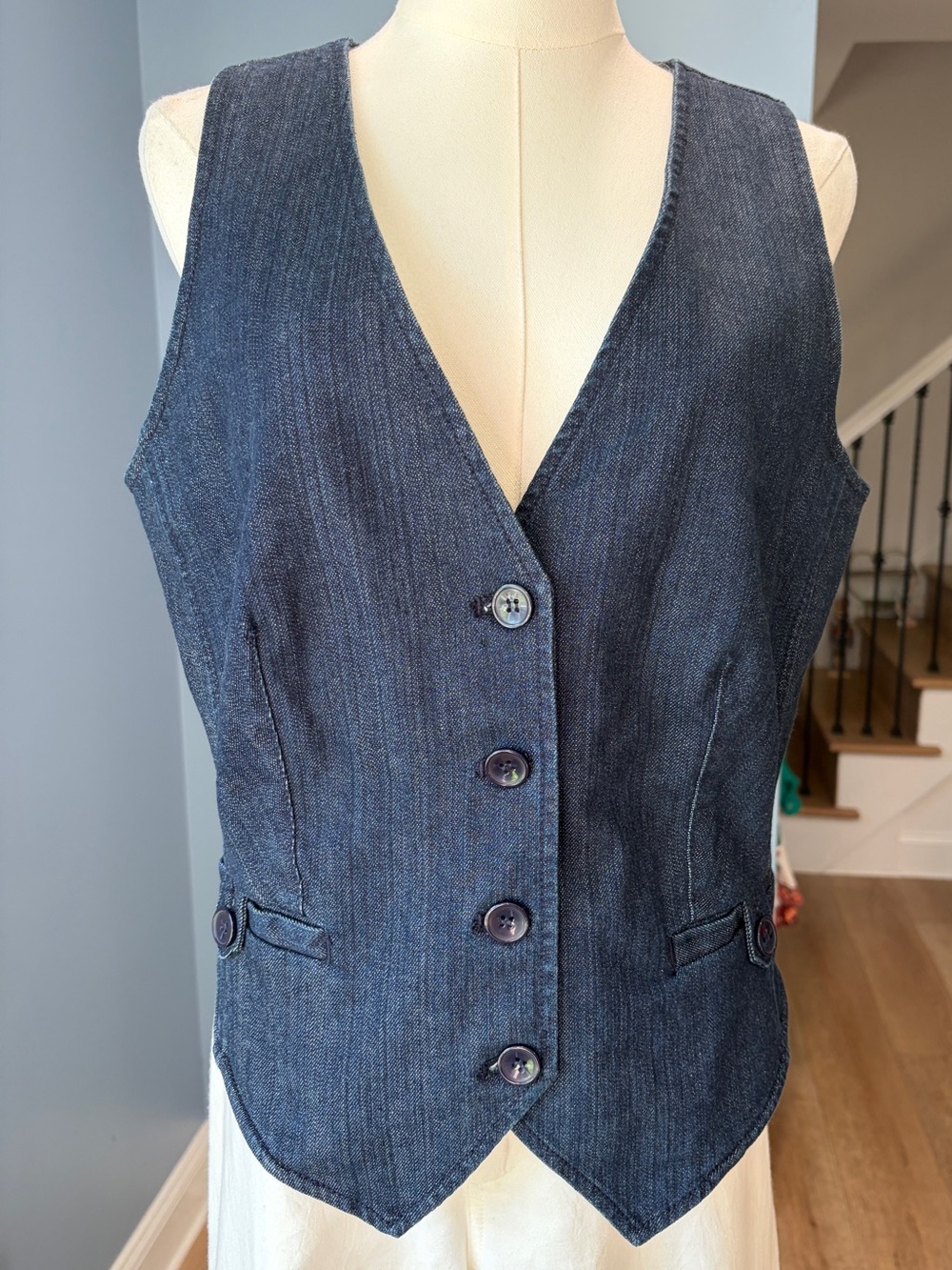 New York & Company Denim Vest Button Front Tailored Waistcoat Dark Wash Size 8